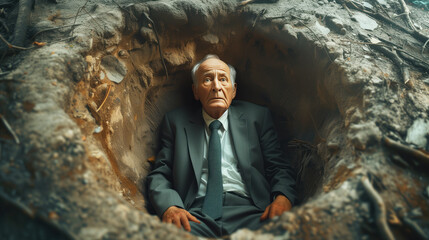 An elderly man is sitting in a pit. The concept of debt bondage as one of the causes of illegal human trafficking, forced labor - obrazy, fototapety, plakaty