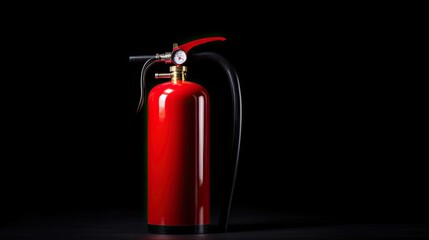 Obraz premium Red fire emergency fire extinguisher on a black background. Concept of safety. Copy space. 