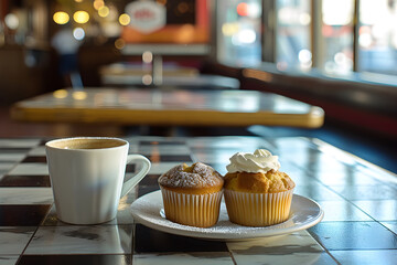cup of coffee and muffin, muffins. american diner, lunch or breakfast. retro cafee. restaurant ad, menu. sweet sugar. pastry