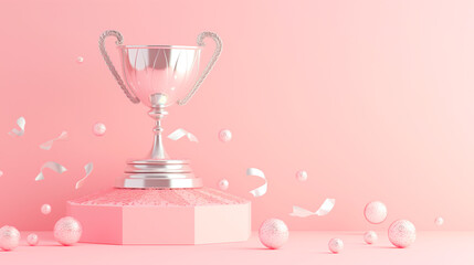 Silver champion cup, winners trophy on a victory podium on pink background with copy space. Business reward concept. Generative AI