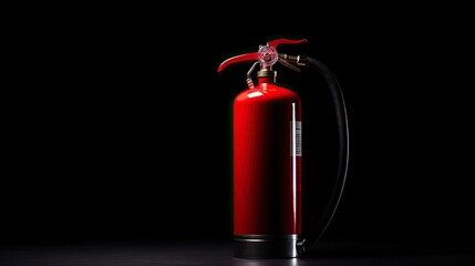 Obraz premium Red fire emergency fire extinguisher on a black background. Concept of safety. Copy space. 