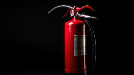 Obraz premium Red fire emergency fire extinguisher on a black background. Concept of safety. Copy space. 