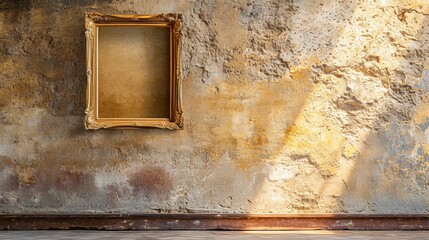Blank antique wooden picture frame hangs on an old stone wall with sunbeams