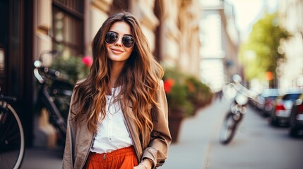 Obraz premium Woman Wearing Sunglasses and Tan Jacket Walking Down the Street