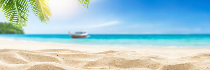 Tropical beach with palm tree and sand. Summer vacation background panoramic banner