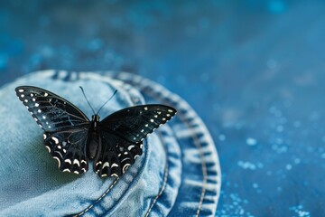 Fototapeta na wymiar Nature view of beautiful black butterfly on denim hat with copy space using as background insect, natural landscape, ecology, cover page concept.