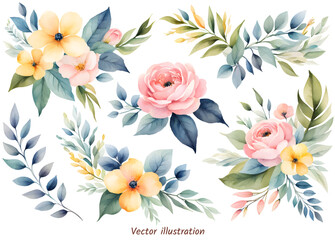 Fototapeta na wymiar Watercolor floral illustration individual elements set - green leaves, pink peach blush yellow flowers, branches. Wedding invites, wallpapers, fashion, cards. Vector illustration