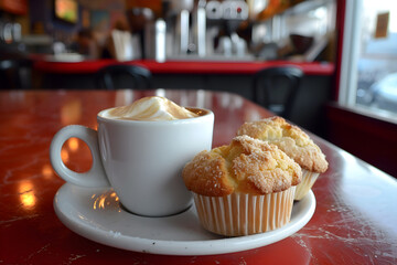 cup of coffee and muffin, muffins. american diner, lunch or breakfast. retro cafee. restaurant ad, menu. sweet sugar. pastry