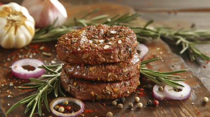 Succulent slices of medium rare steak seasoned with herbs and spices on a wooden cutting board, accompanied by garlic cloves and rosemary, ready to be served.
