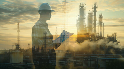 Fototapeta na wymiar silhouette of a worker wearing a hard hat in the foreground, superimposed on a detailed industrial background