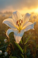 White lily flower blossom in the mist and fog, vertical background