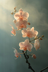 Pink orchid flower blossom in the mist and fog, vertical background