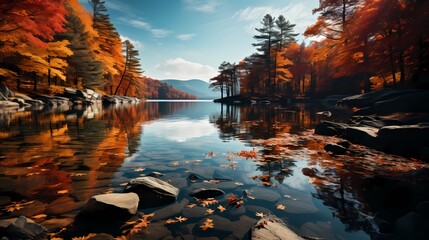 A tranquil lake surrounded by autumn-colored trees with their reflections