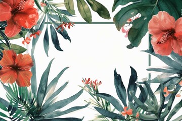 Rectangle frame in the center of image among with watercolor botanical ,white background - obrazy, fototapety, plakaty