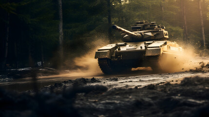 Armored military army tank vehicle moving in motion on mud road in battle - obrazy, fototapety, plakaty