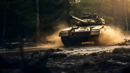 Fotobehang Armored military army tank vehicle moving in motion on mud road in battle © BeautyStock