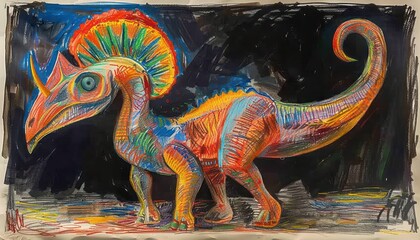 Dino Parasaurolophus colorful, child's drawing in a drawing book using crayons