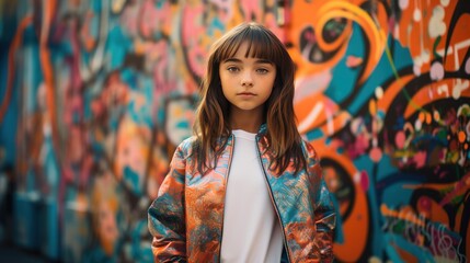 Fototapeta premium A stylishly dressed young girl standing in front of a colorful graffiti-adorned wall