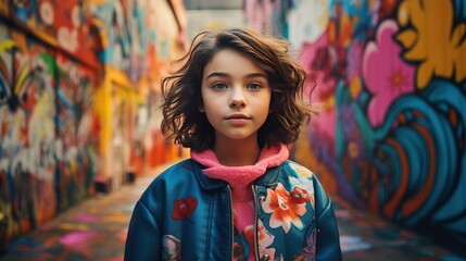 Fototapeta premium A stylishly dressed young girl standing in front of a colorful graffiti-adorned wall