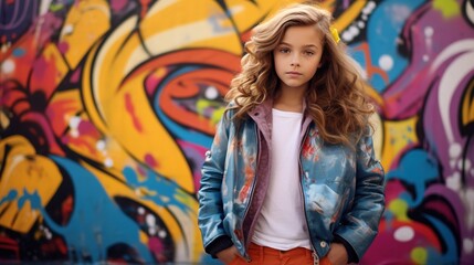A stylishly dressed young girl standing in front of a colorful graffiti-adorned wall