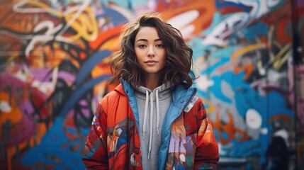 A stylishly dressed young woman standing in front of a colorful graffiti-adorned wall