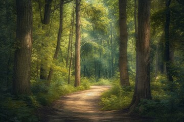 Fototapeta na wymiar Take us on a journey through a sun-dappled forest path