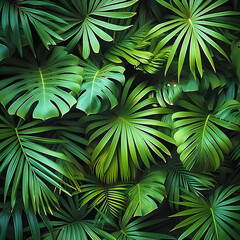 Closeup nature view of green leaf and palms background, flat lay, dark nature concept, tropical leaf, seamless pattern.
