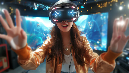 Woman exploring virtual worlds in her living room