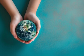 Two hands cradle a miniature Earth against a vivid blue background, symbolizing care and responsibility for our planet.