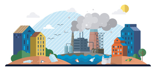 Waste pollution vector illustration. Plastic pollution in our oceans and waterways has reached alarming levels worldwide Waste pollution exacerbates social issues such as poverty, health disparities