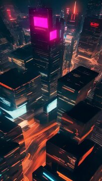 Abstract night city background in cyberpunk style, seamless VJ loop, Vertical DJ backdrop, color dynamic screen, energetic neon atmosphere