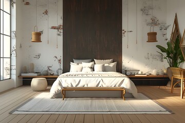 3D rendering of modern villa bedroom with concrete walls and tidy bed
