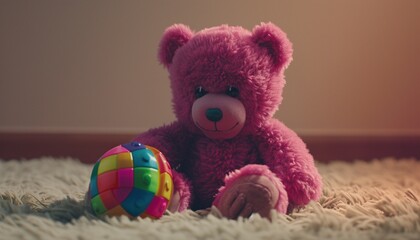 A  pink teddy bear playing with a colorful toy, their shared joy and playfulness depicted against a neutral background, creating a heartwarming scene