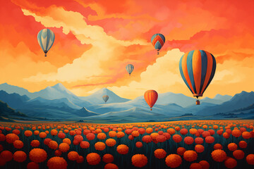 hot air balloon flights over a flower field