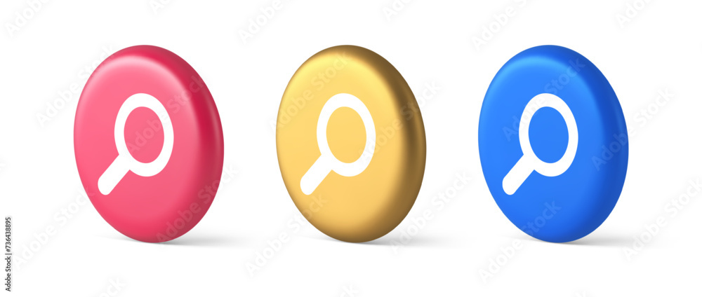 Poster browsing internet searching button magnifying glass analyzing information 3d realistic circle icon