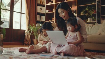 A business woman and a mother are trying to work on a laptop when her little daughters are playing, fooling around and interfering with her. Freelance, work from home - obrazy, fototapety, plakaty