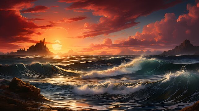 A vibrant, fiery sunset casting a warm glow over a tranquil, serene ocean horizon