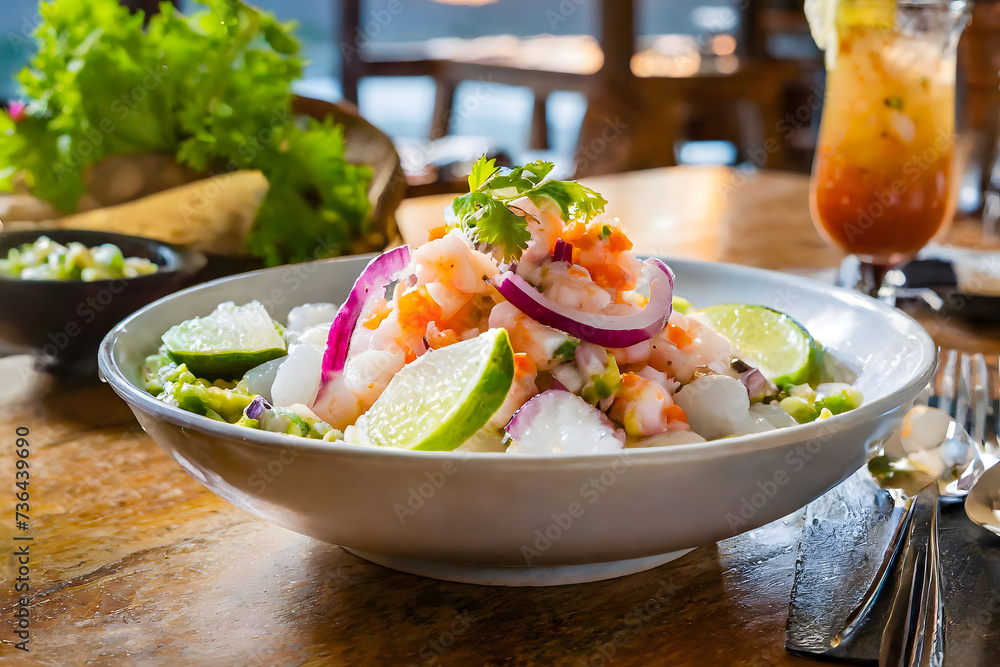 Wall mural a fresh ceviche dish, served at sunset, highlighting the vibrant and appetizing presentation.