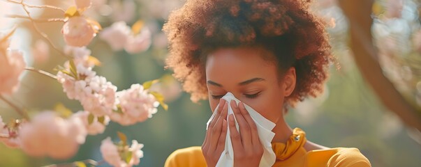 A woman of African descent with allergies uses a handkerchief outdoors in spring. Concept Allergic Reactions, Spring Season, Handkerchief Usage, Women's Health, African Descent - obrazy, fototapety, plakaty