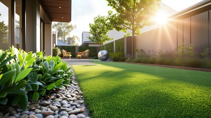A contemporary Australian home or residential building's front yard features artificial grass lawn turf with timber edging - obrazy, fototapety, plakaty