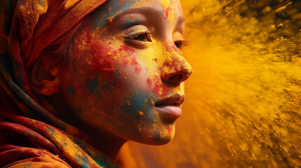 Celebration of Holi, the Festival of Colors, Captured on a Young Girl;s Face - Vivid & Cultural Expression - Celebrating Indian Culture & Unity