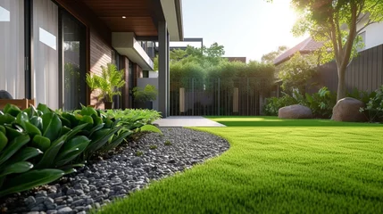Poster de jardin Jardin A contemporary Australian home or residential building's front yard features artificial grass lawn turf with timber edging