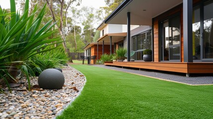 A contemporary Australian home or residential building's front yard features artificial grass lawn turf with timber edging