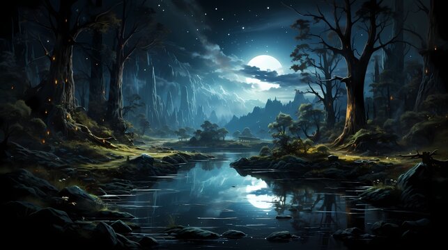 A tranquil obsidian black lake shimmering under the moonlight, with the night sky adorned with a tapestry of twinkling stars
