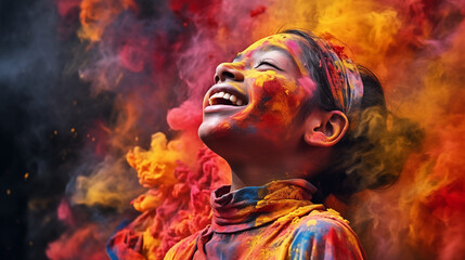 Ecstatic Young Girl Laughing Amidst a Cloud of Holi Powder - A Celebration of Joy, Colors, and Indian Tradition - Indian Cultural Celebration