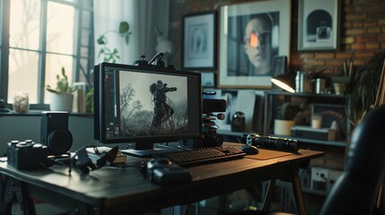 A freelance photographer works remotely, a thin mobile computer with a photo on the screen and a camera in the foreground. Creative work, retouching or creating designs