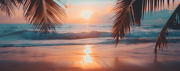 A peaceful beach scene at twilight with shimmering waves and silhouetted palm trees. Concept Beach at Twilight, Shimmering Waves, Silhouetted Palm Trees, Peaceful Scene