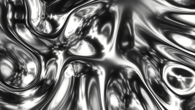 Looped animated fluid abstract texture of swirling liquid chrome metal