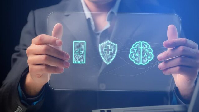 Cg footage about cybersecurity and personal data protection. Business trainer demonstrates a symbols of digitalization of information