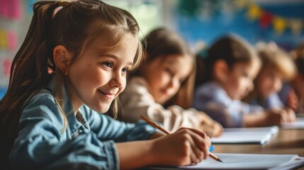 primary elementary school group of children studying in the classroom. learning and sitting at the desk. young cute kids smiling,
